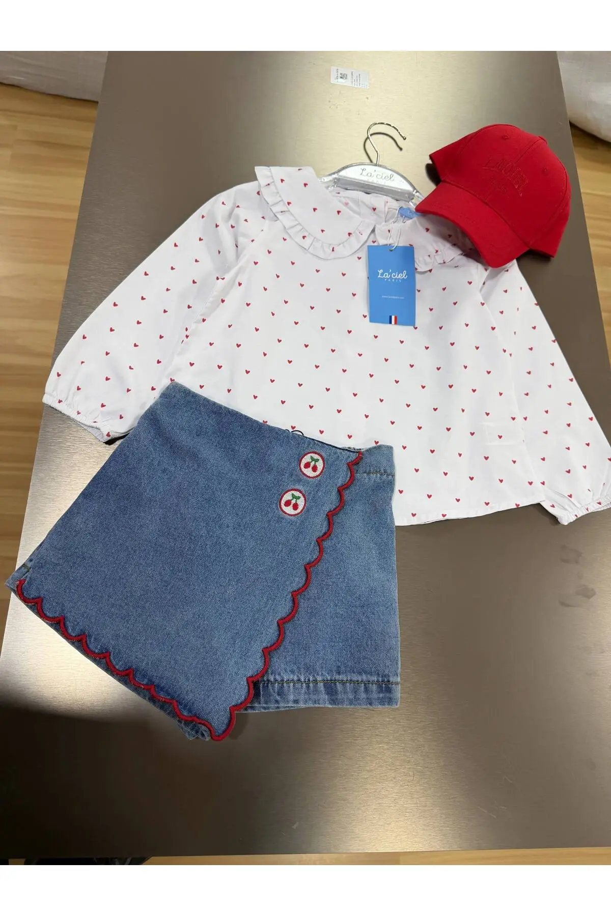 Kız Çocuk Kalp Desenli Gömlek ve Denim Şort Etek Alt Üst Takım