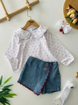 Miniğimin Cicileri Kalp Baskılı Gömlekli Kız Çocuk Kiraz Kot Şort Etekli Kız Çocuk 2 li Takım - Bey