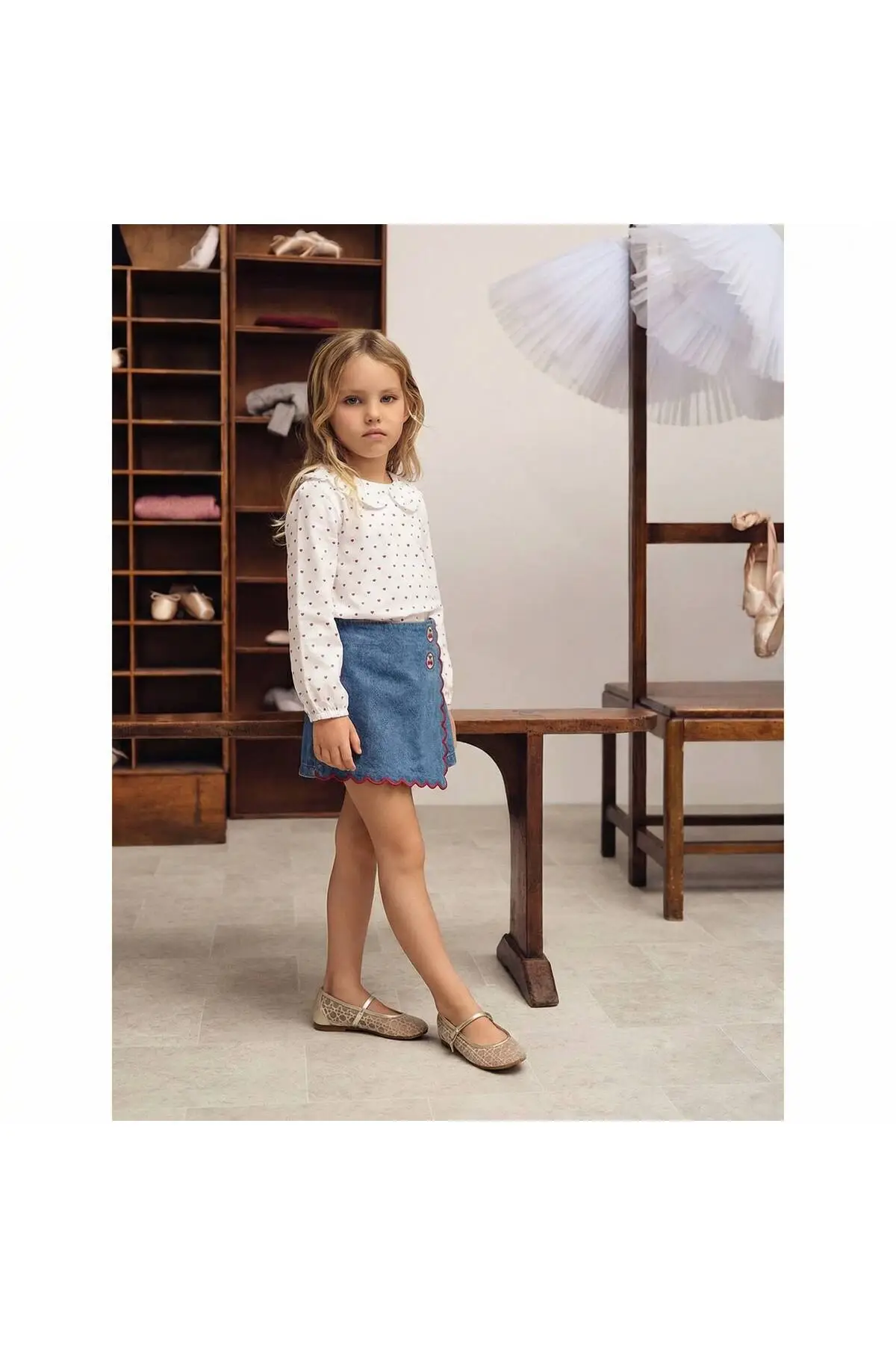 Kız Çocuk Kalp Desenli Gömlek ve Denim Şort Etek Alt Üst Takım