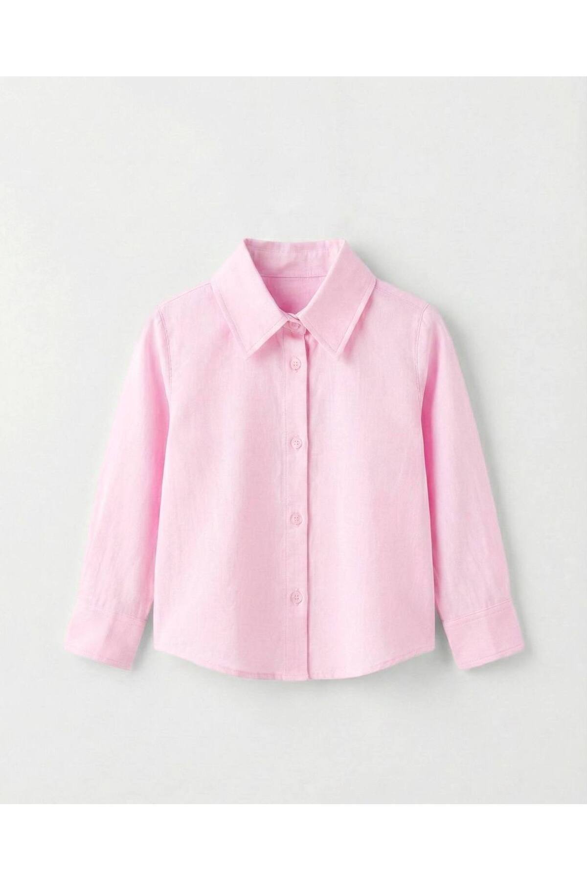 Doğal ve Şık Keten Kızın Pembe Gömleği